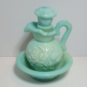 VINTAGE 1970's AVON GREEN MILK GLASS PITCHER, BOWL & STOPPER HELD BATH OIL EMPTY